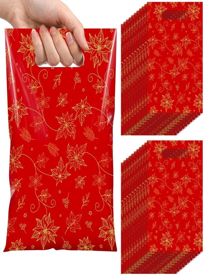 Capoda 100 Pcs Christmas Bags 10 x 7 Inch Xmas Poinsettia Treat Party Favor Candy Goodie Gift Plastic Handle Bags Bulk with Gold Floral for Merry Christmas Party Favor Supplies(Red) - Image 1